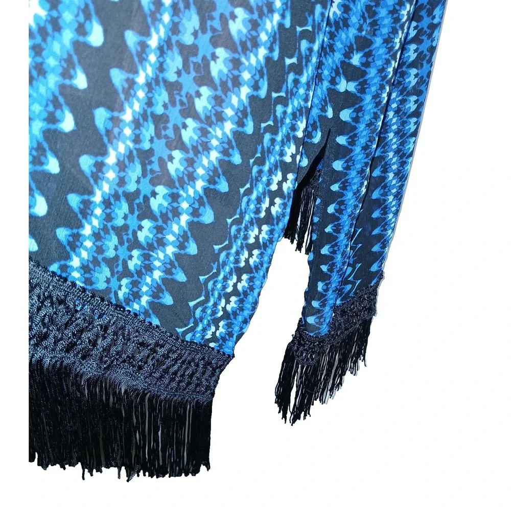 Catherines Women Fringe Tunic Top 4X 5X Blue Geometric Bohemian Sheer Coverup